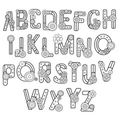 Steampunk Style Typeface. Mechanical alphabet of gears.  Uppercase Letters.  Vector illustration of vintage steampunk alphabet for logo and text. Suitable for fantastic coloring pages for children 
