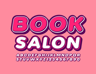 Vector bright logo Book Salon with Pink and White Alphabet Letters and Numbers. Trendy retro Font