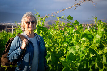 Adult senior woman in vineyard with backpack on shoulders enjoys freedom and nature at sunset light. Green cultivation, mountain in the background