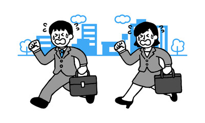 ビジネス街を焦りながら走るスーツ姿の男女（シンプル）