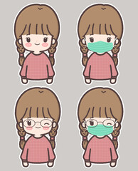 A long hair girl. Cute cartoon wearing protective mask.