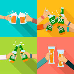 Human hands toasting beer.  Icons set. People clinking beer mugs, glasses and bottles. Oktoberfest celebration party poster. For bar, restaurant, brewery ad, promotion, web design, vector illustration