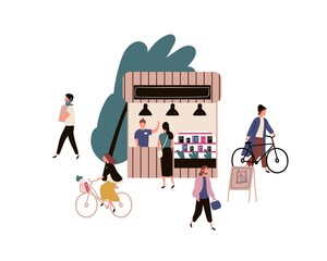 Street book kiosk with literature vector flat illustration. Seller and customer in outdoor booth with textbook at showcase isolated on white. Man and woman walking and riding on bike at market