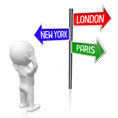London, New York, Paris - capital cities concept - signpost with three arrows, cartoon character - 3D illustration
