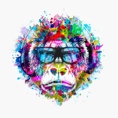 Colorful artistic monkey in eyeglasses with colorful paint splatters on white background © reznik_val