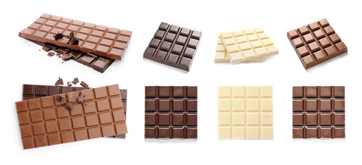 Set with different types of chocolate bars on white background. Banner design