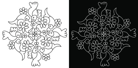 Rangoli design concept of fishes and birds line art isolated on black and white background