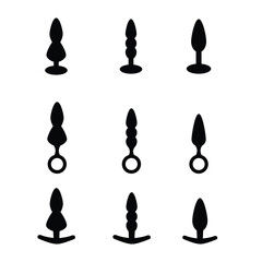Adult Anal Sex Toys Set. Various anal sex toys anus butt plugs. Simple black and white EPS vector illustration - obrazy, fototapety, plakaty