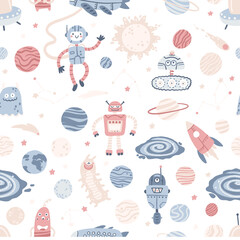 Space seamless pattern. Galaxy, planets, robots and aliens. A childish vector collection of hand-drawn cartoon objects in a simple Scandinavian style. Pastel isolated on a white background