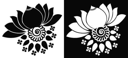 Beautiful lotus flower with mandala, spirals and leafy petals isolated on black and white background