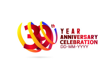 Fototapeta premium 39 year anniversary Red and Yellow-Orange-Blue Ribbon. Isolated graphic anniversary for banner, greeting card - vector