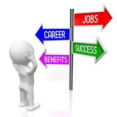 Jobs, career, success, benefits concept - signpost with four arrows, cartoon character - 3D illustration