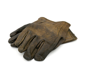 Old dirty leather gloves isolated on white background with clipping path