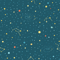 Modèle sans couture de l& 39 espace galaxie avec des planètes, des étoiles et des constellations. Une illustration vectorielle enfantine d& 39 objets de dessins animés dessinés à la main dans un style scandinave simple. Coloré isolé sur un sombre