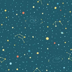 Papier peint Style scandinave Modèle sans couture de l& 39 espace galaxie avec des planètes, des étoiles et des constellations. Une illustration vectorielle enfantine d& 39 objets de dessins animés dessinés à la main dans un style scandinave simple. Coloré isolé sur un sombre