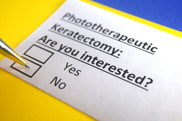 Obraz premium One person is answering question about phototherapeutic keratectomy.
