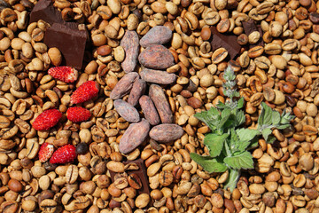  Flat lay  of medium roas bean coffee as background with  mint, cocoa, strawberries, chocolate