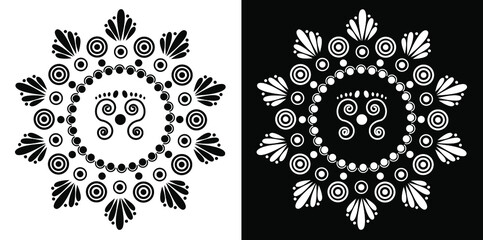 Rangoli mandala design concept of floral art with Lord footprints isolated on black and white background