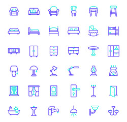Set of interior icons line style. It contains such Icons as furniture, chair, sofa, bed, desk, window, couch, light, door, lamp and other elements.