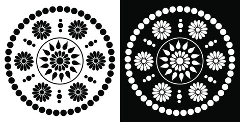 Beautiful Indian traditional and cultural Rangoli mandala design concept of floral art isolated on black and white background