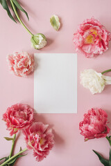 Blank paper sheet card in frame of pink and white peony tulip flowers. Flat lay, top view