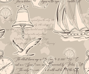 Seamless pattern with map, yachts, sea bell and seagulls. Hand drawn retro style