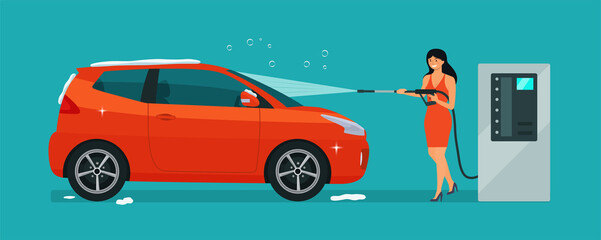 A woman washes a car in a self-service car wash. Vector illustration.