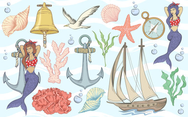 Set of nautical illustrations. Hand drawn. Mermaid, yacht, coral, seaweed, etc.
