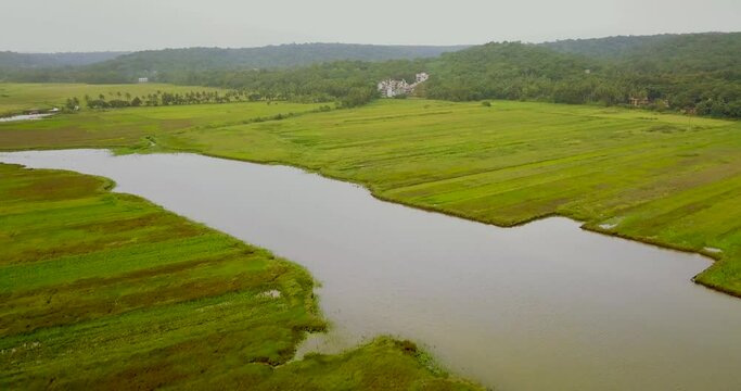 A drone shot flying over the field in Goa, India.