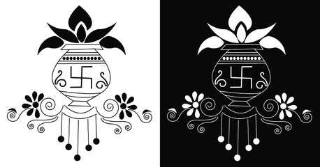 Indian festival symbols decorated with leaves, flowers and spirals isolated on black and white background