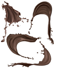 Set with splashes of melted chocolate on white background