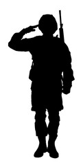 Silhouette of soldier with assault rifle on white background. Military service