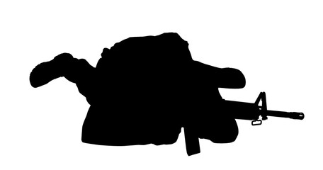 Silhouette of military soldier with assault rifle on white background, banner. Military service