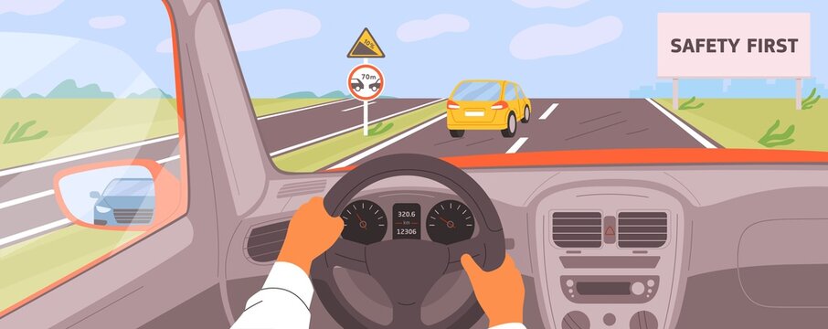 Male hands driving car moving on highway vector illustration. Driver riding on road inside of automobile. Safety first billboard, keep a distance and rise. Vehicle panel view during auto journey