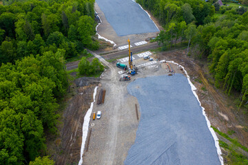 aerial view aboveroad construction worker view from drone .