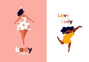 Happy women. Body positive vertical cards. Love yourself, your body lettering type. Female freedom, girl power or international women's day vector illustration.