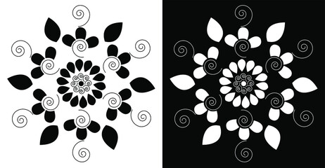 Beautiful Indian traditional and cultural Rangoli mandala design concept of floral art isolated on black and white background