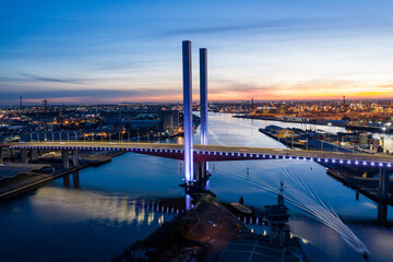 Melbourne Australia May 18th 2020 : Aerial view of the Bolte bridge in Melbourne Australia at sunset