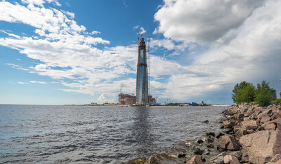 Fototapeta premium Panoramic view of Lakhta Center and the Finnish Gulf