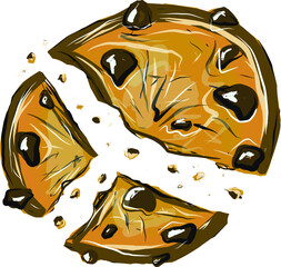 Homemade choco chip cookies with chocolate crisps isolated on white background. Bitten, broken, cookie crumbs. Vector illustration in cartoon flat style. Sweet food cookies icon. Biscuit, small baked.