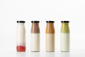 bottle of milk coffee Green tea Chocolate and strawberry 