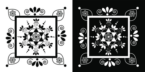 Mandala design concept of geometrical objects isolated on black and white background 