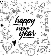 Set of hand drawn Happy New Year on white background. Vector illustration