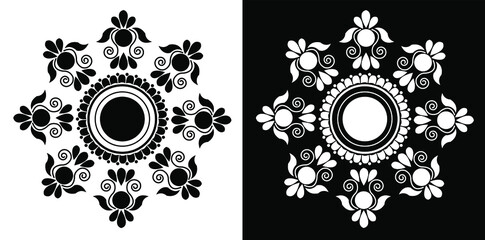 Beautiful Indian traditional and cultural Rangoli mandala design concept of floral art isolated on black and white background