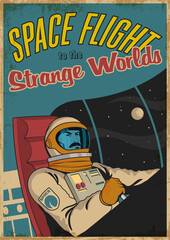 Space Flight to the Strange Worlds Retro Comic Book Cover Stylization, Retro Future Space Illustration, Astronaut Pilot, Vintage Colors, Grunge Texture Frame