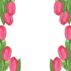 Pretty watercolor flower frame with painted pink or red tulips with green leaves. Place for text. Perfect for invitation, card, banner. Hand drawn illustration.