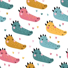Gordijnen Tropische krokodil. Naadloze patroon met schattige dieren gezichten. Kinderachtige print voor de kinderkamer in een Scandinavische stijl. Voor babykleding, interieur, verpakking. Vectorbeeldverhaalillustratie in pastelkleuren © Світлана Харчук