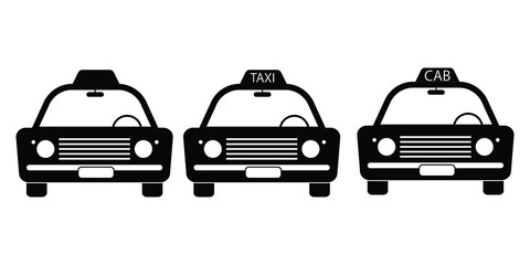 Taxi Cab Vintage Front View Set. Three taxi cab car automobile black and white illustration. EPS Vector