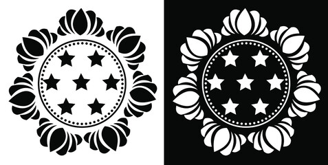 Beautiful mandala design concept of Stars with lotus flowers isolated on black and white background 