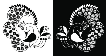 Beautiful peacock with flowers decorated feathers isolated on black and white background 